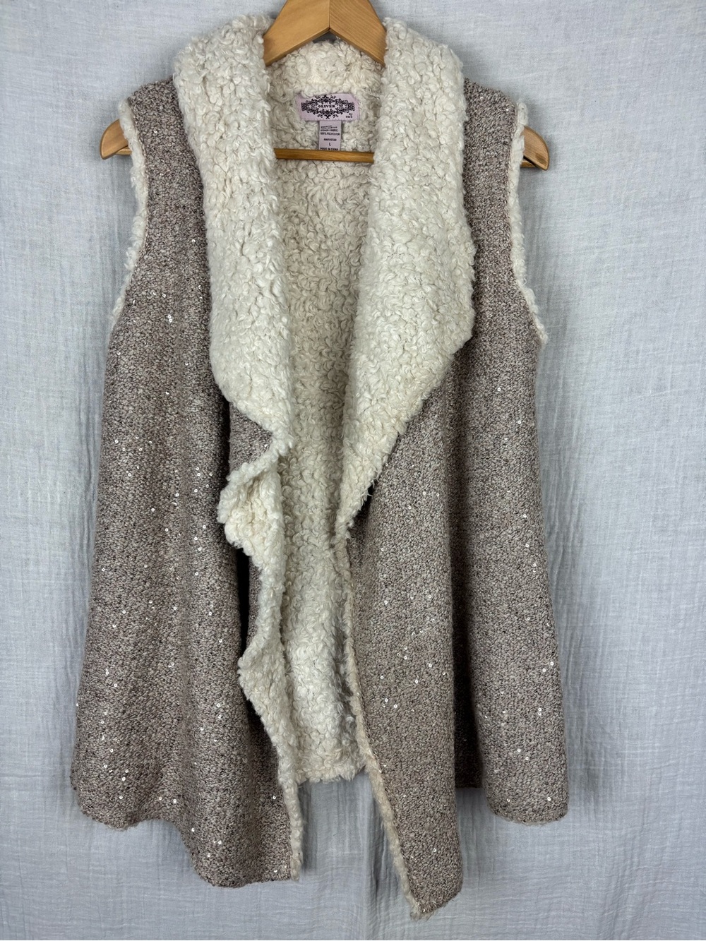 Oliver Sherpa-lined Open Front Longline Taupe Vest with Sequin Accents